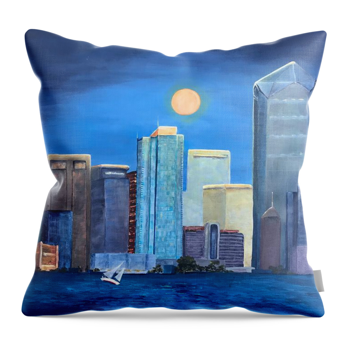 City Throw Pillow featuring the painting Moon and Skyline by Deborah Naves