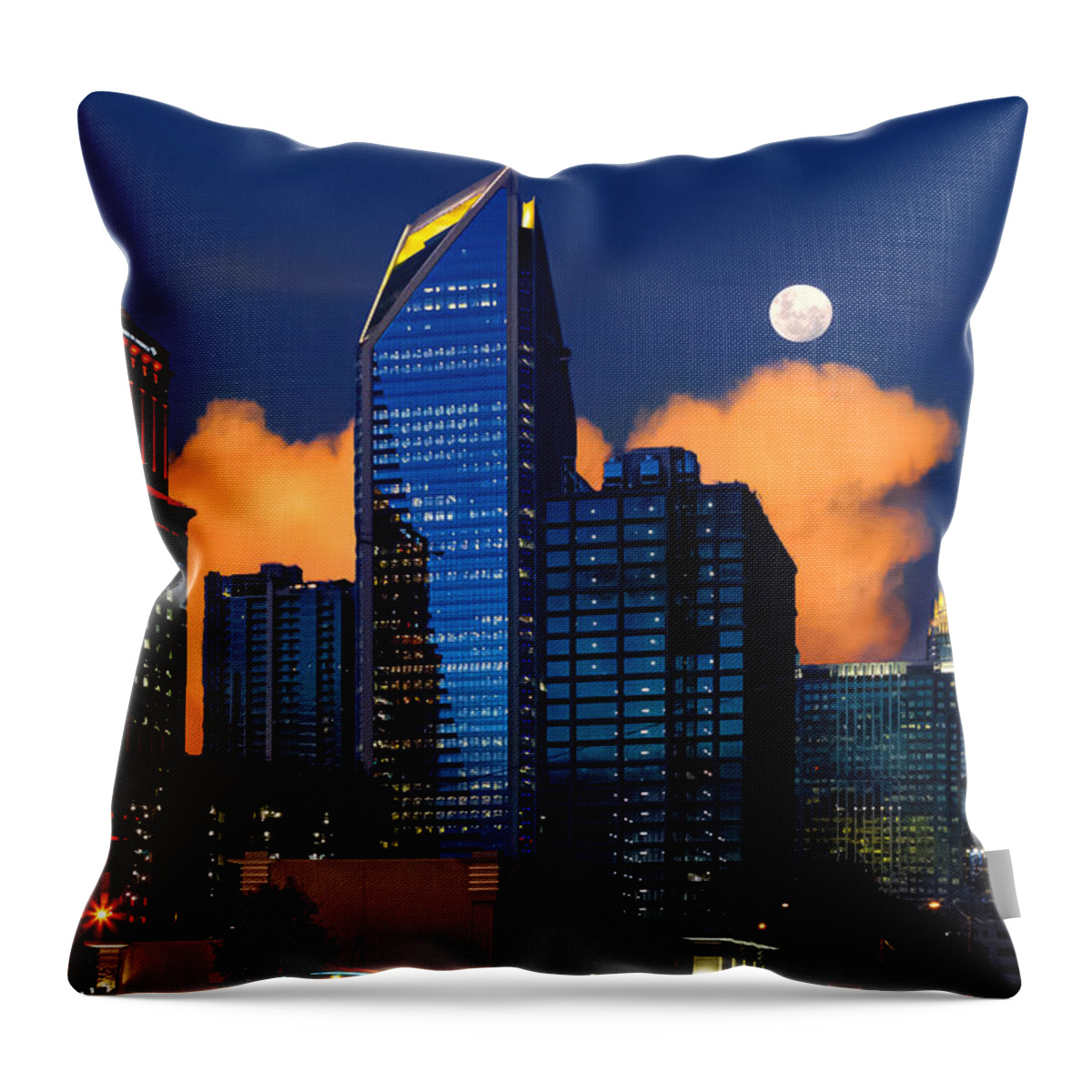 Charlotte Throw Pillow featuring the digital art Moon over Uptown Charlotte by SnapHappy Photos