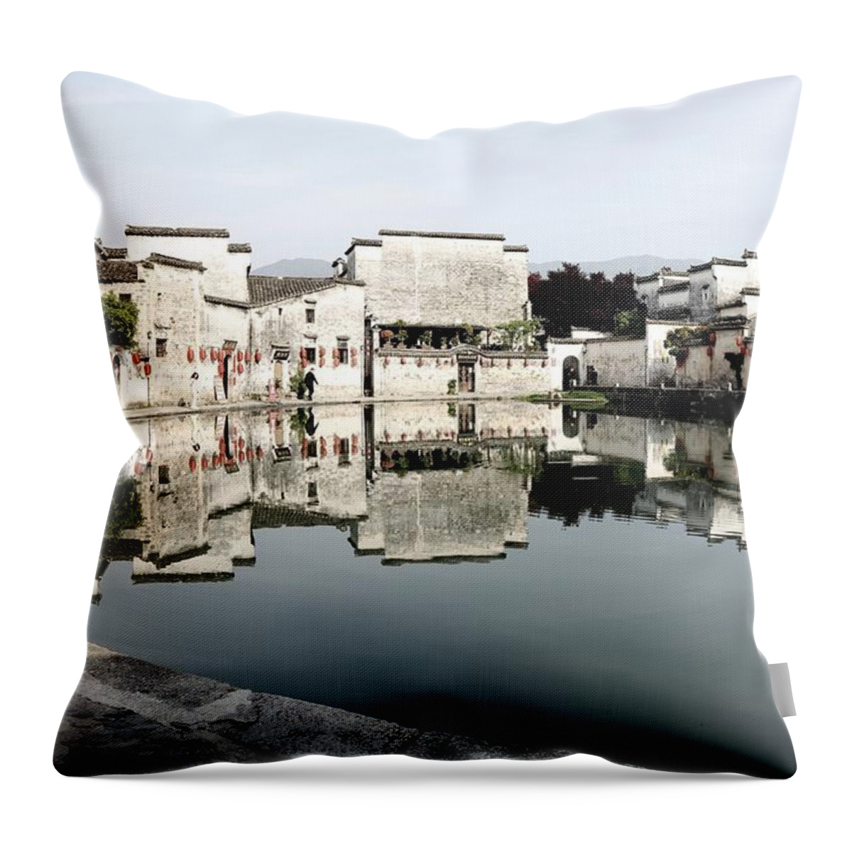 Moon Pond Throw Pillow featuring the photograph Moon Pond In Hong Village 4 by Mingming Jiang