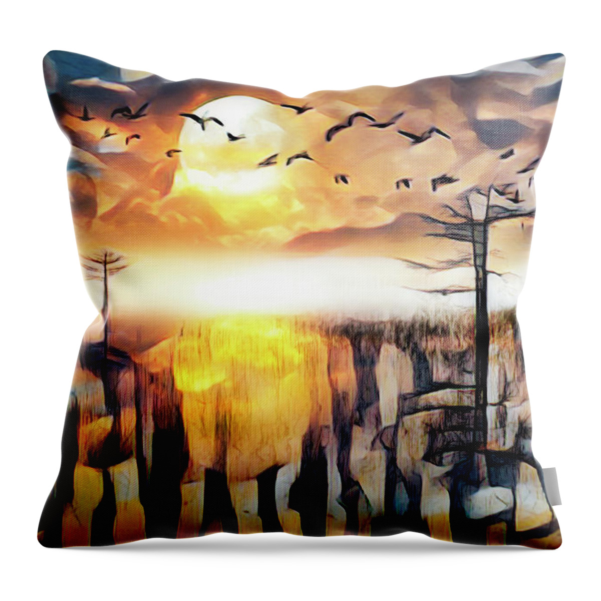 Birds Throw Pillow featuring the photograph Moon Rise Flight Abstract Painting by Debra and Dave Vanderlaan