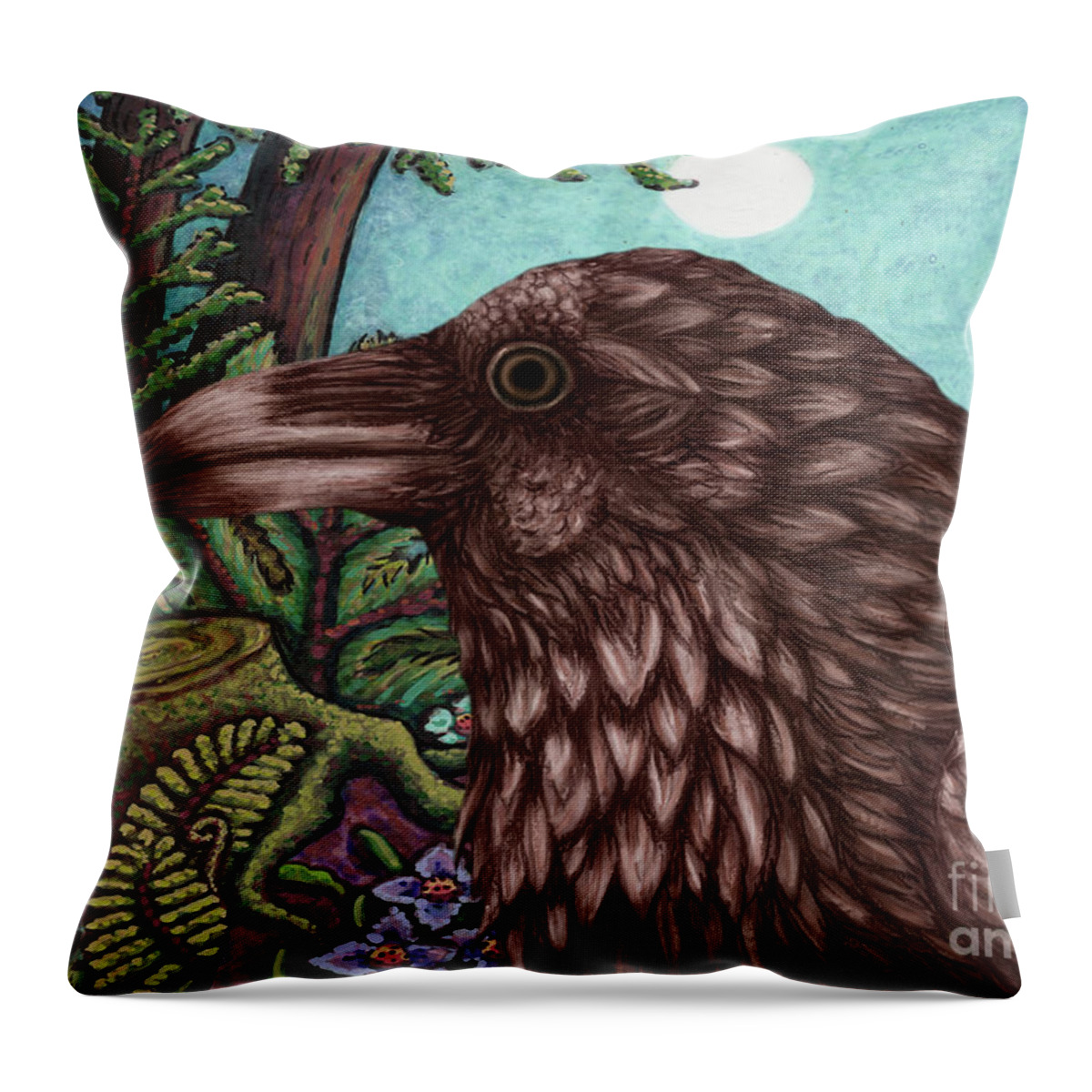Raven Throw Pillow featuring the painting Moonlit Raven Wood by Amy E Fraser