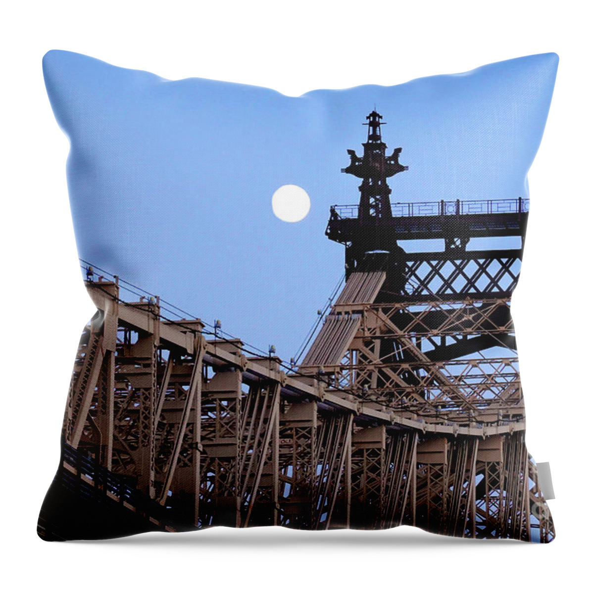 New York City Throw Pillow featuring the photograph Moonrise over Queensboro Bridge by Steve Ember