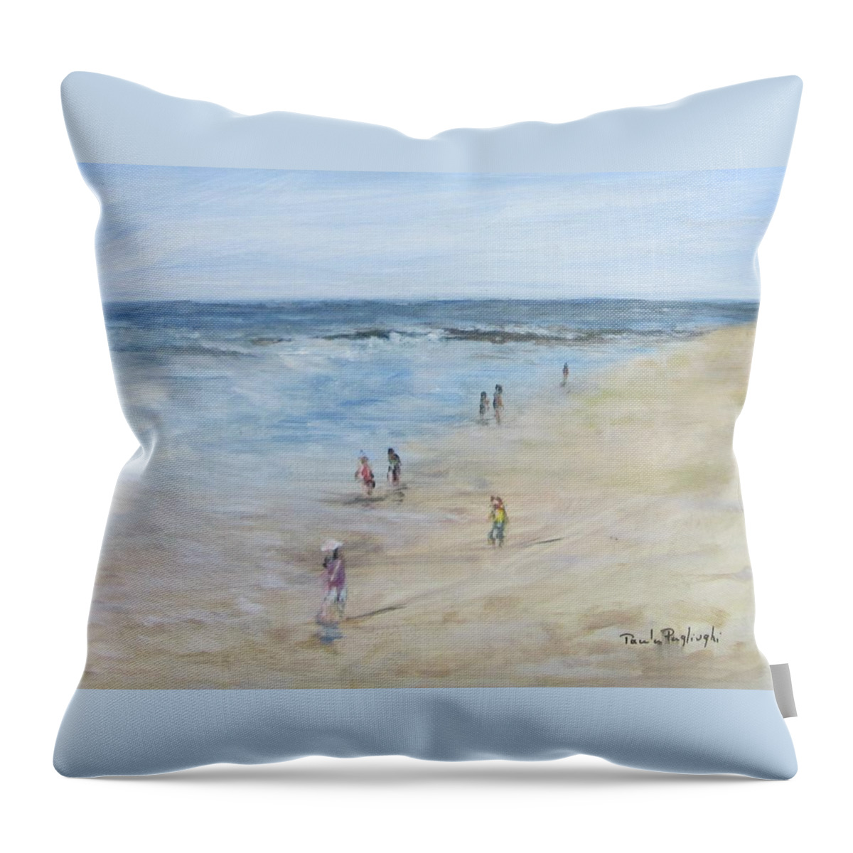 Painting Throw Pillow featuring the painting Morning Beach Crowd by Paula Pagliughi