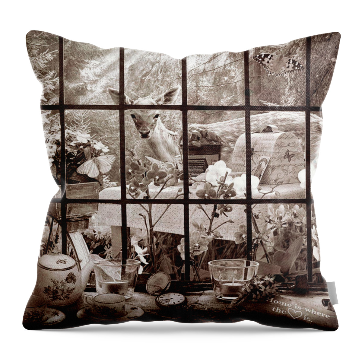Spring Throw Pillow featuring the photograph Morning Visitor in Vintage Sepia by Debra and Dave Vanderlaan