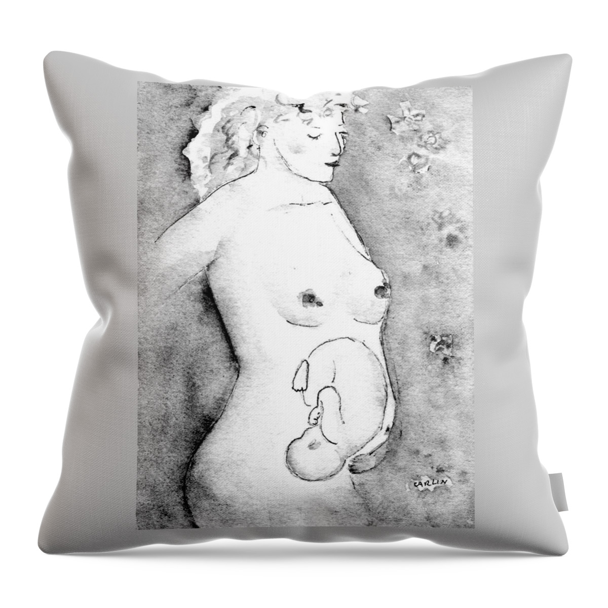 Pregnant Throw Pillow featuring the painting Mother and Fetus Black and White by Carlin Blahnik CarlinArtWatercolor