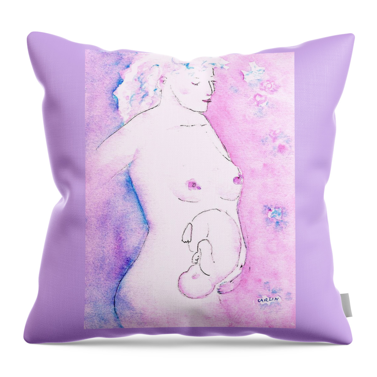 Pregnant Throw Pillow featuring the painting Mother and Fetus Colorful by Carlin Blahnik CarlinArtWatercolor