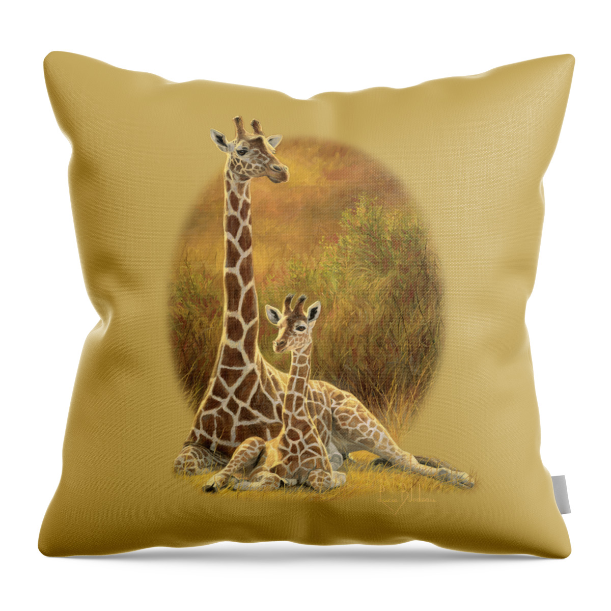 Giraffe Throw Pillow featuring the painting Mother and Son by Lucie Bilodeau