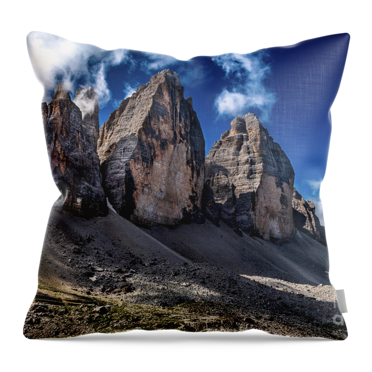 Alpine Throw Pillow featuring the photograph Mountain Formation Tre Cime Di Lavaredo In The Dolomites Of South Tirol In Italy by Andreas Berthold