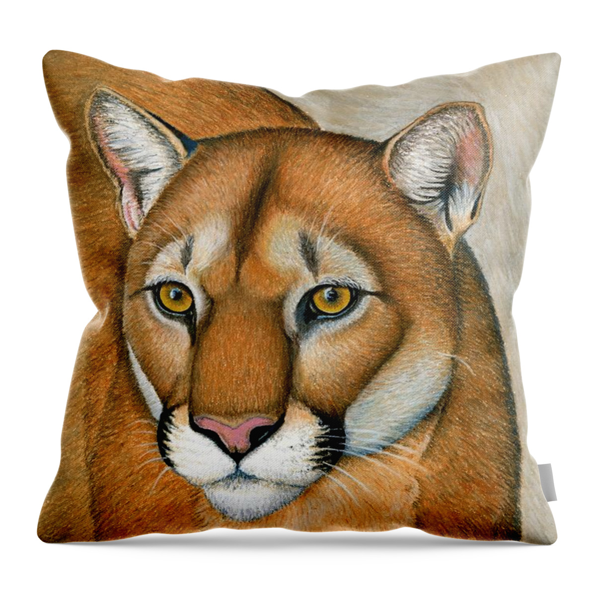 Cougar Throw Pillow featuring the pastel Mountain Lion Cougar Wild Cat by Rebecca Wang