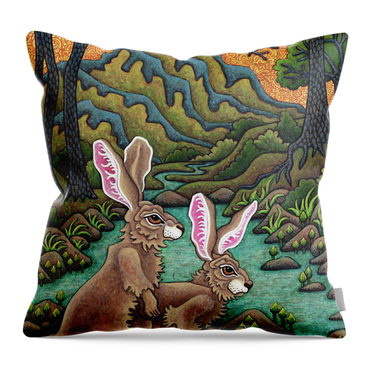Hare Throw Pillow featuring the painting Mountain Valley Mystery by Amy E Fraser