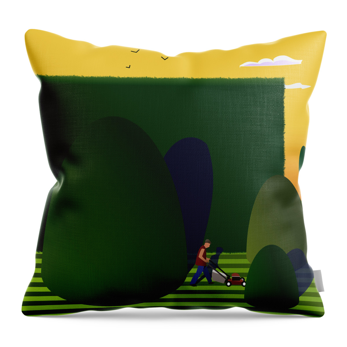 Surrounded By A Huge Hedge And Tall Shrubs Throw Pillow featuring the digital art Mowing the lawn. by Fatline Graphic Art