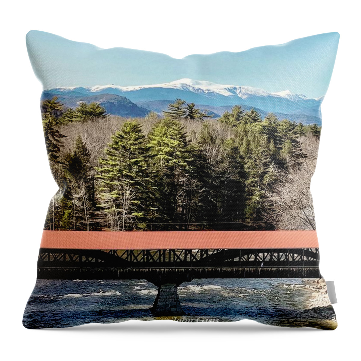  Throw Pillow featuring the photograph Mt Washington over the Saco River Covered Bridge by John Gisis