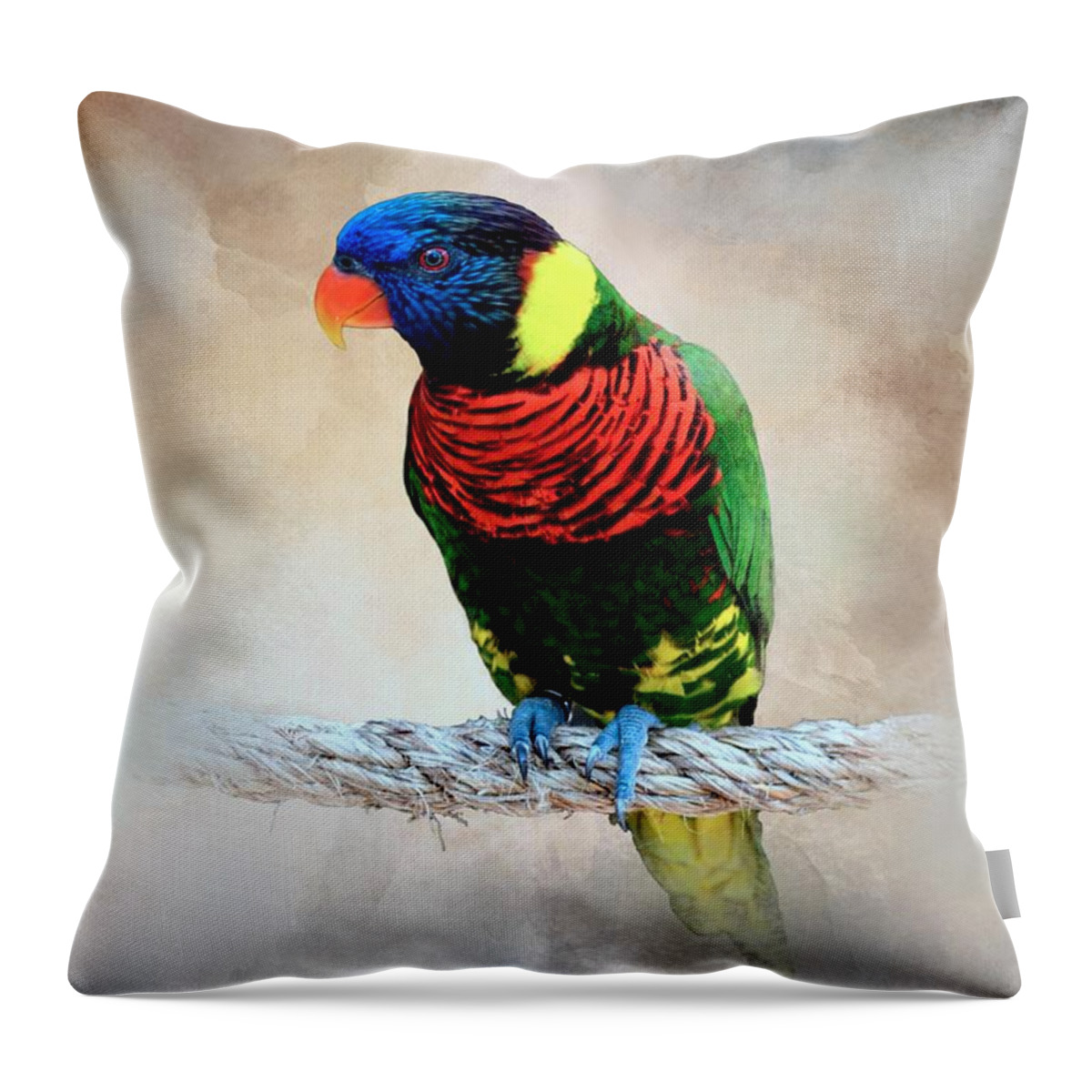 Bird Throw Pillow featuring the mixed media Multicolor Bird 87 by Lucie Dumas