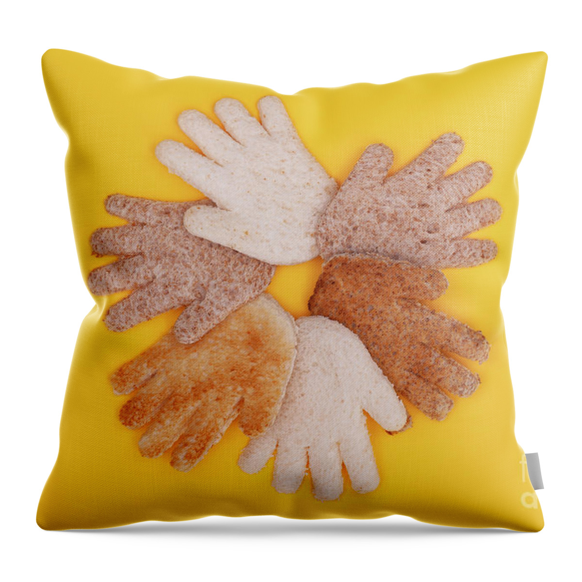 Hands Throw Pillow featuring the photograph Multicultural hands circle concept made from bread by Simon Bratt