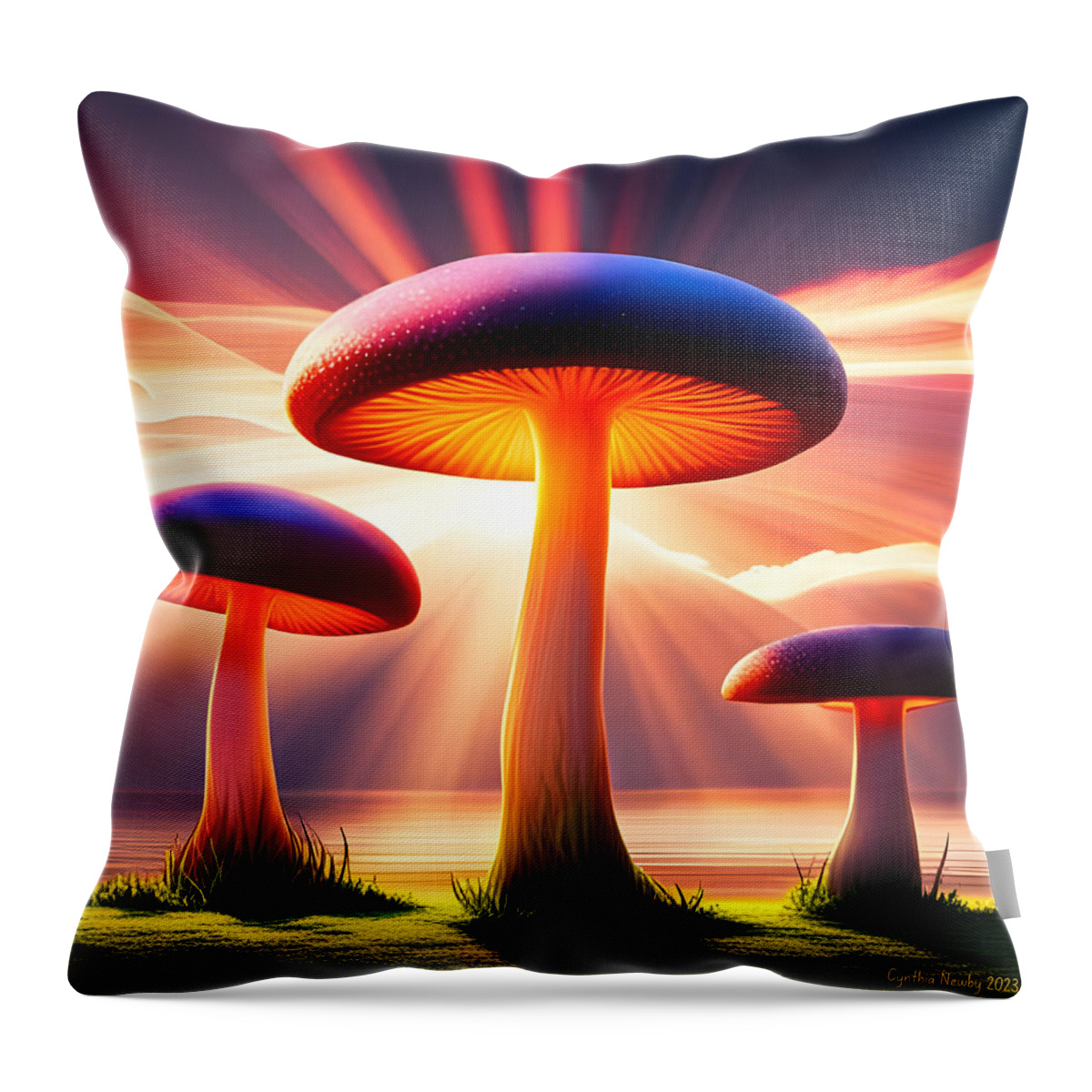 Newby Throw Pillow featuring the digital art Mushroom Trio by Cindy's Creative Corner
