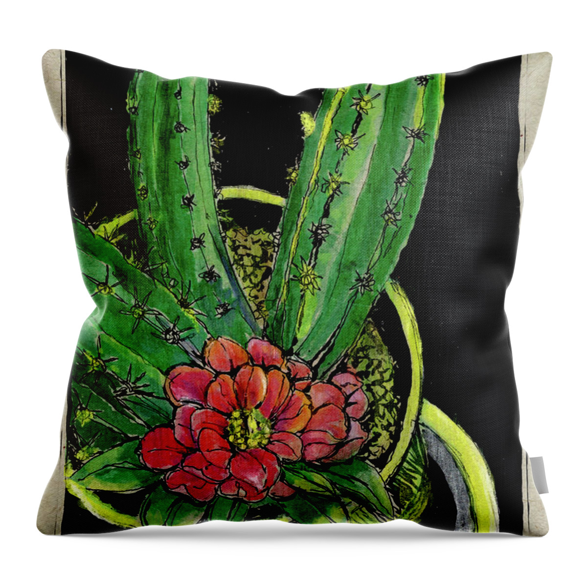 Flowers Throw Pillow featuring the drawing My Cactus by Marnie Clark