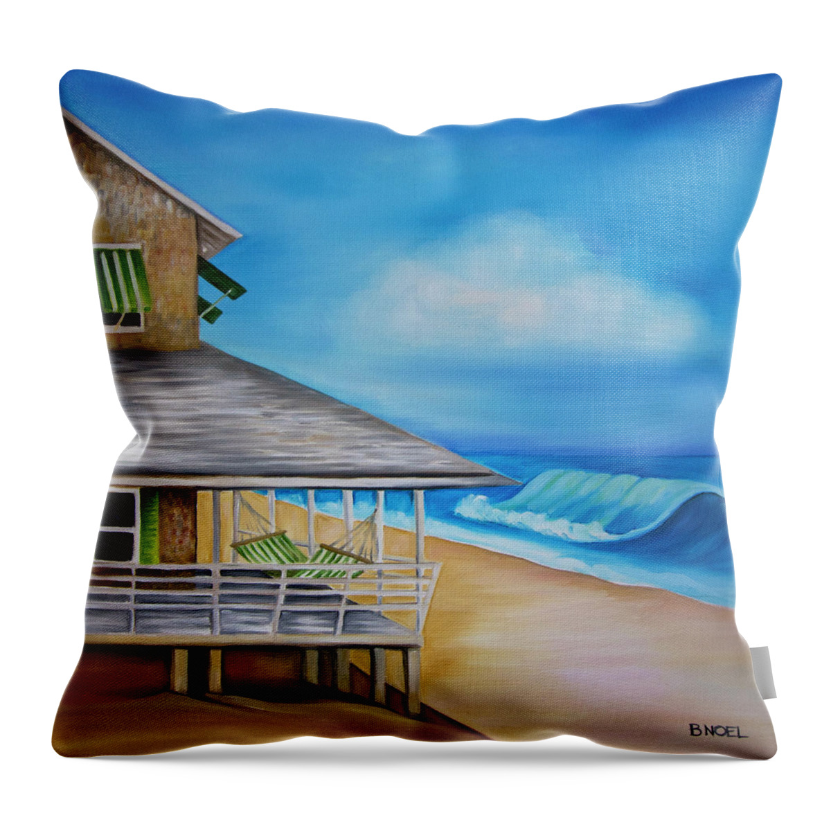 Nags Head Throw Pillow featuring the painting Nags Head Cottage with Hammock No.01 by Barbara Noel