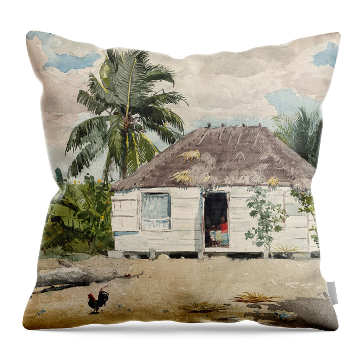 Winslow Homer Throw Pillow featuring the drawing Native hut at Nassau by Winslow Homer