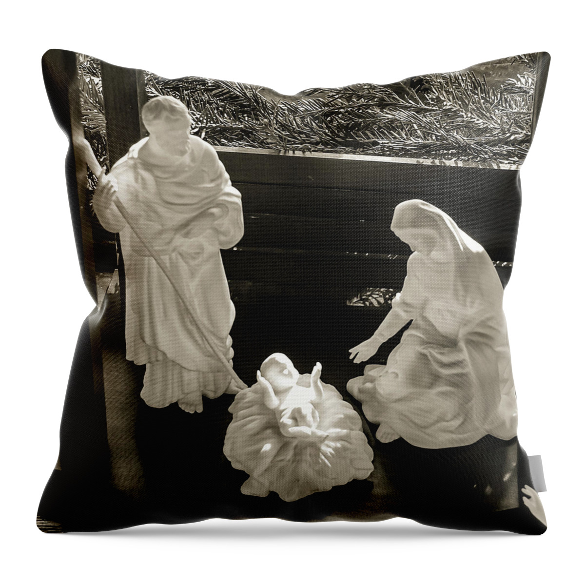 Nativity Mary Joseph Baby Jesus B&w Throw Pillow featuring the photograph Nativity2 by John Linnemeyer