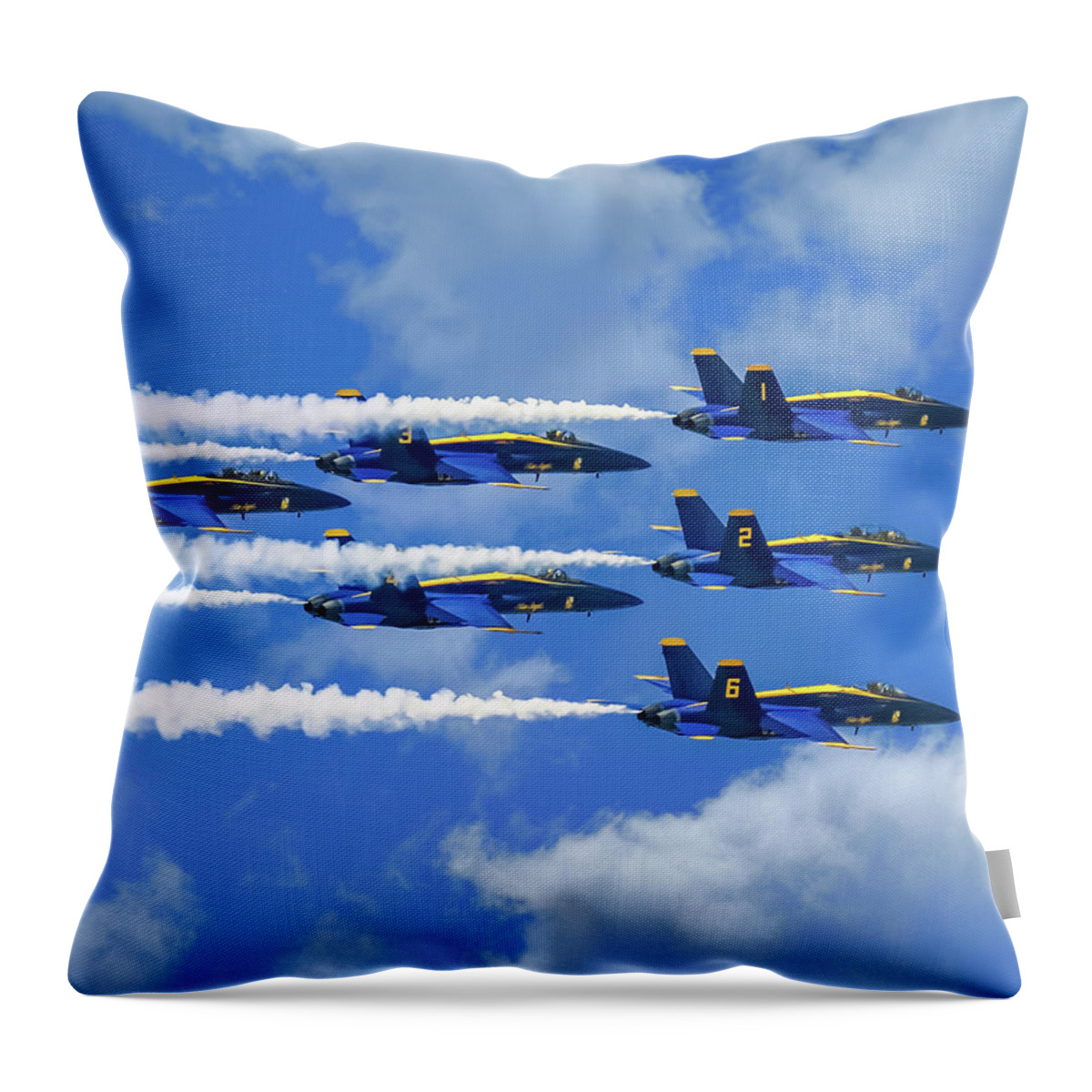 Blue Angels Show Throw Pillow featuring the photograph Navy Blue Angels Airshow With Smoke Trails on Cloudy Day by Robert Bellomy