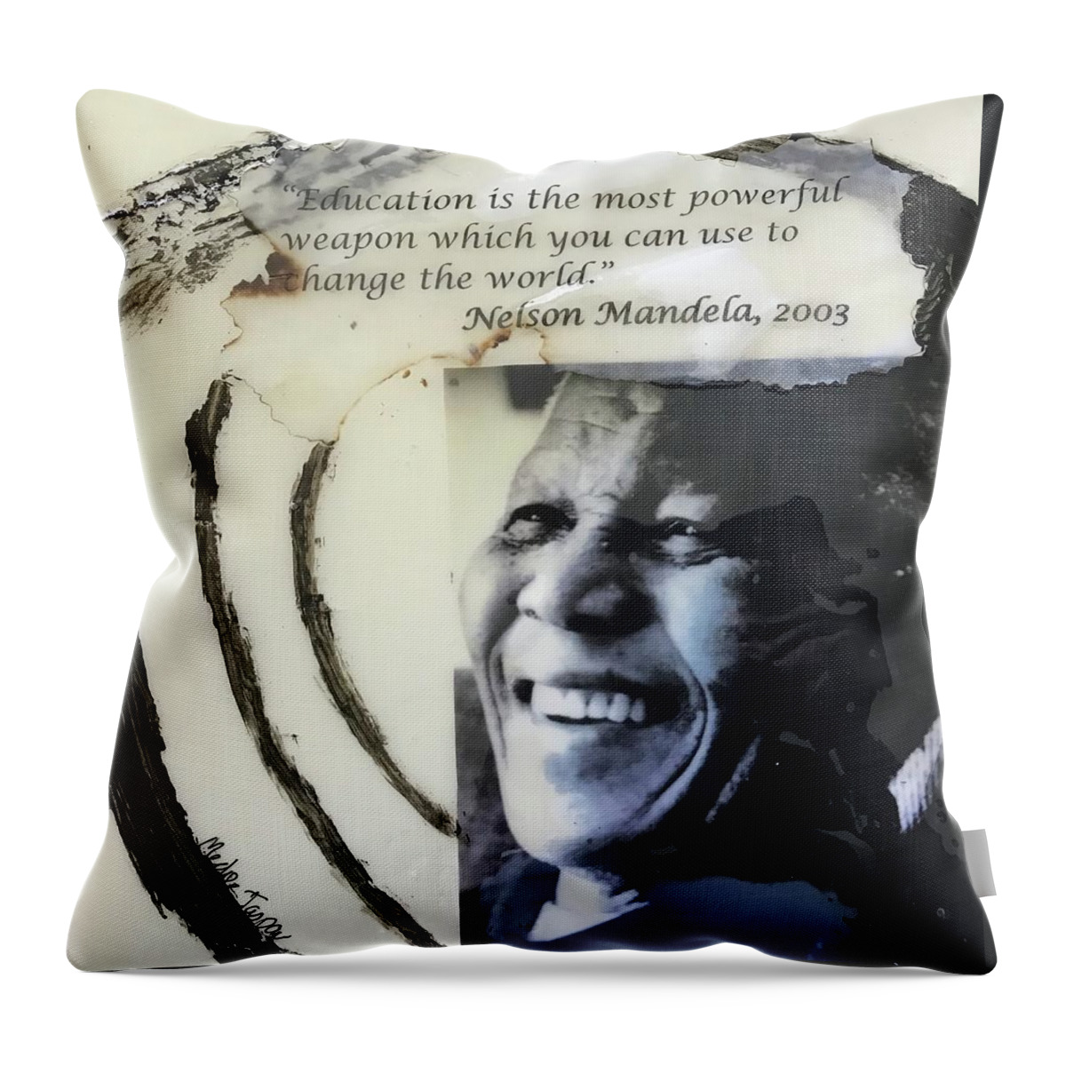 Abstract Art Throw Pillow featuring the painting Nelson Mandela on Education by Medge Jaspan