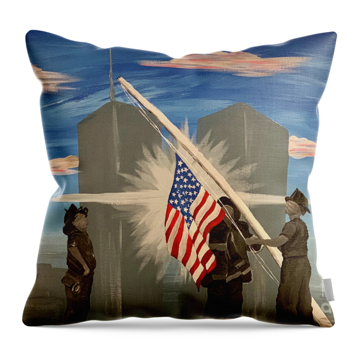Twin Towers Throw Pillow featuring the painting Never Forget 9/11 by Deena Withycombe