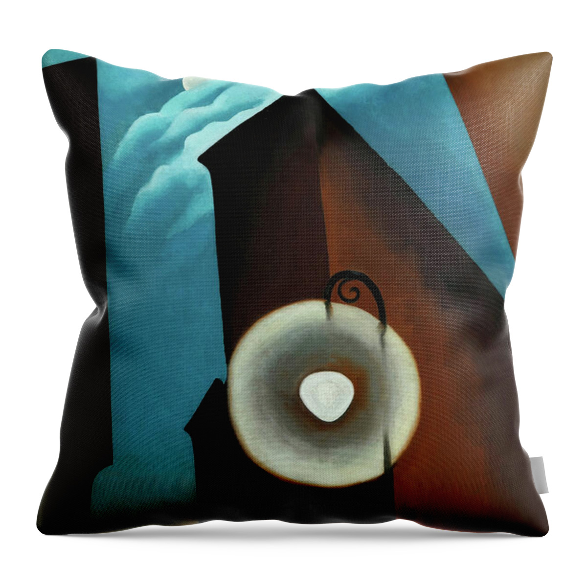 Georgia O'keeffe Throw Pillow featuring the painting New York street with moon - abstract modernist cityscape painting by Georgia O'Keeffe