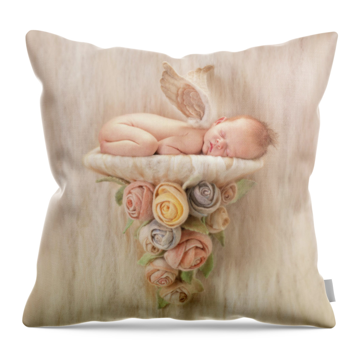 Angel Throw Pillow featuring the photograph Newborn Angel with Roses by Anne Geddes