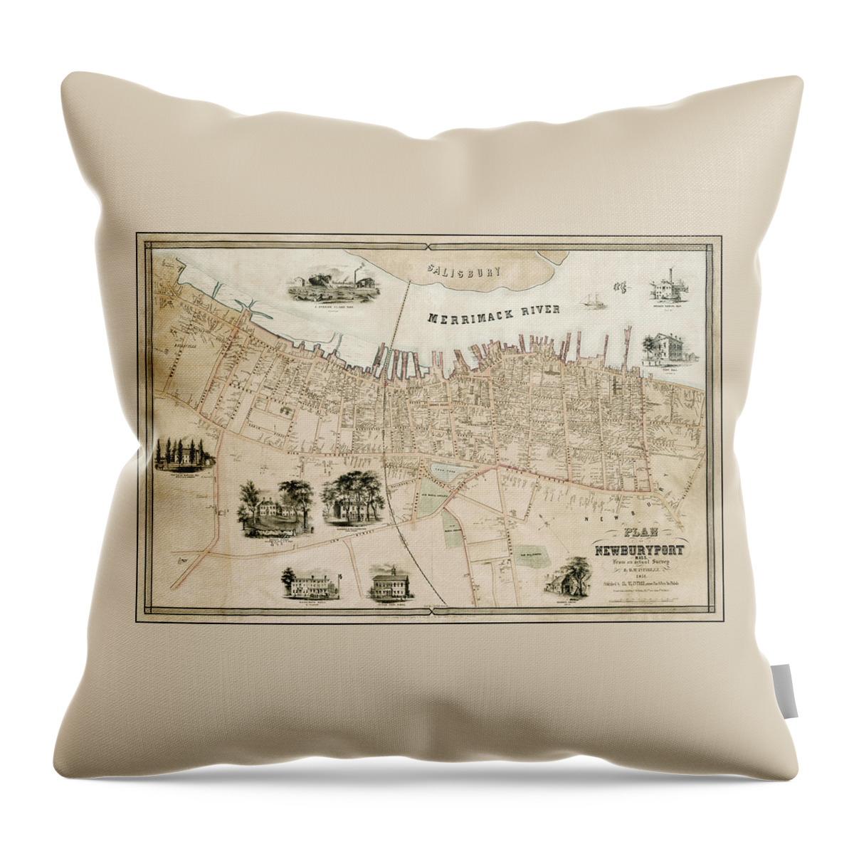 Newburyport Throw Pillow featuring the photograph Newburyport Massachusetts Vintage Map 1851 by Carol Japp
