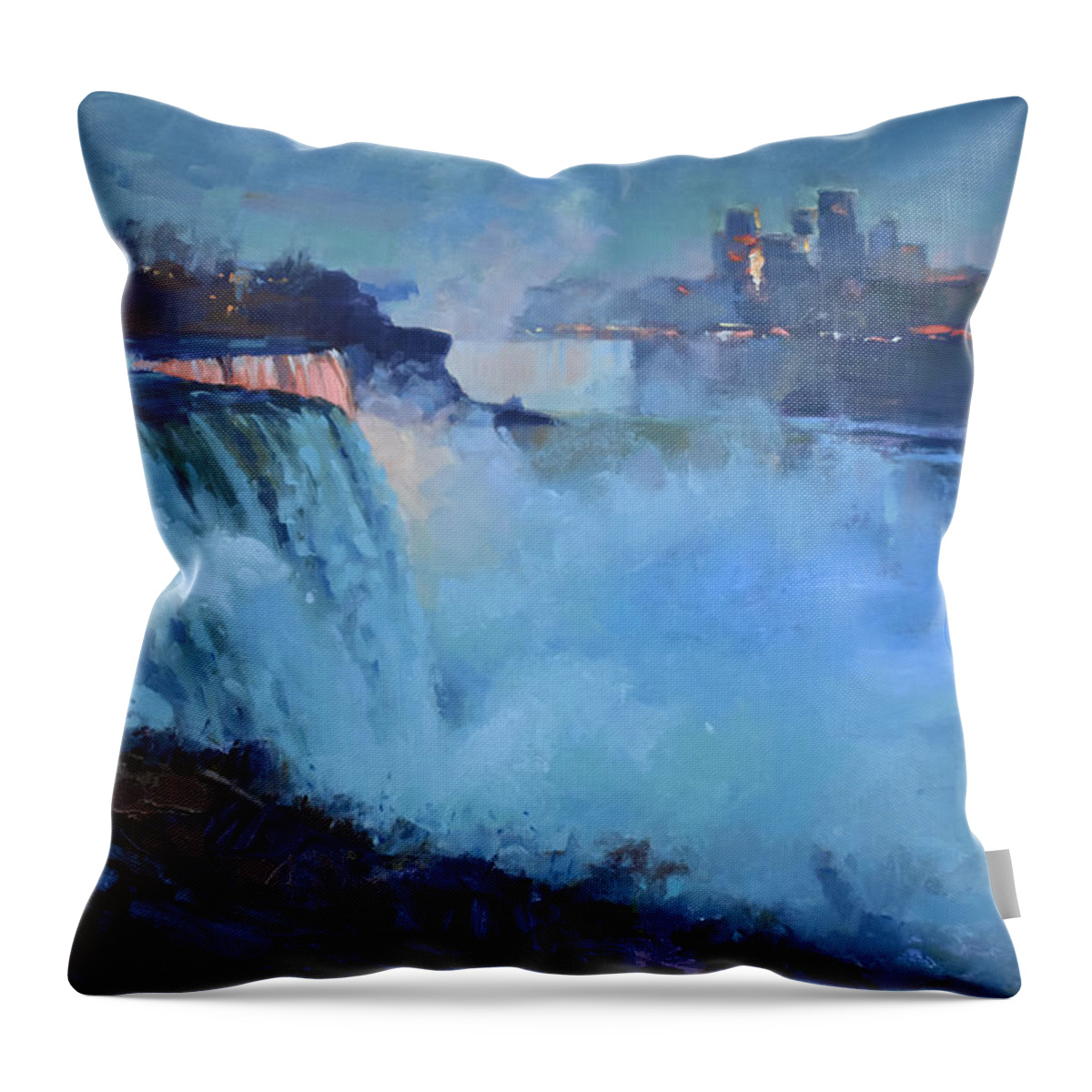 Niagara Falls Throw Pillow featuring the painting Niagara Falls Nocturne by Ylli Haruni
