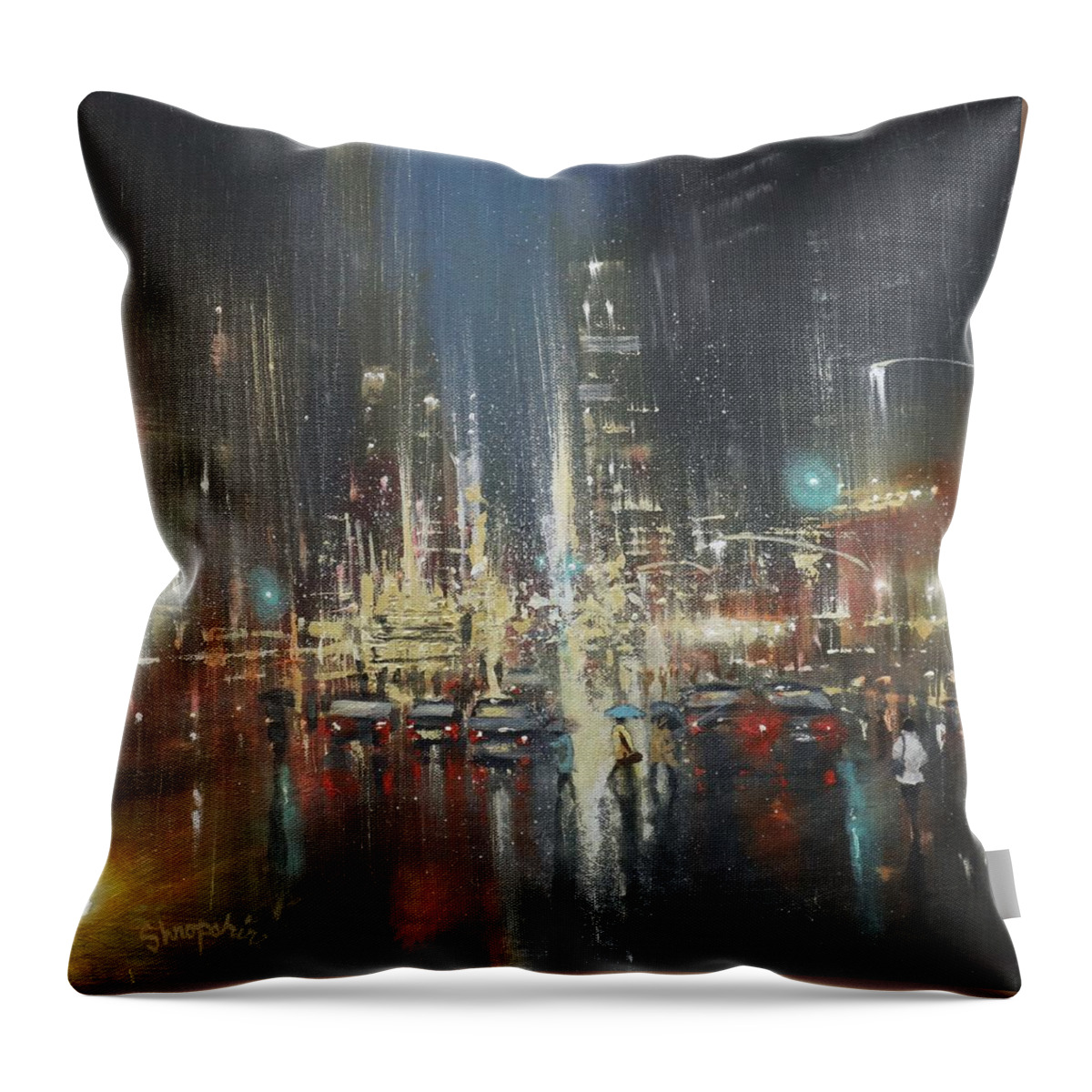City Rain Throw Pillow featuring the painting Night Rain by Tom Shropshire