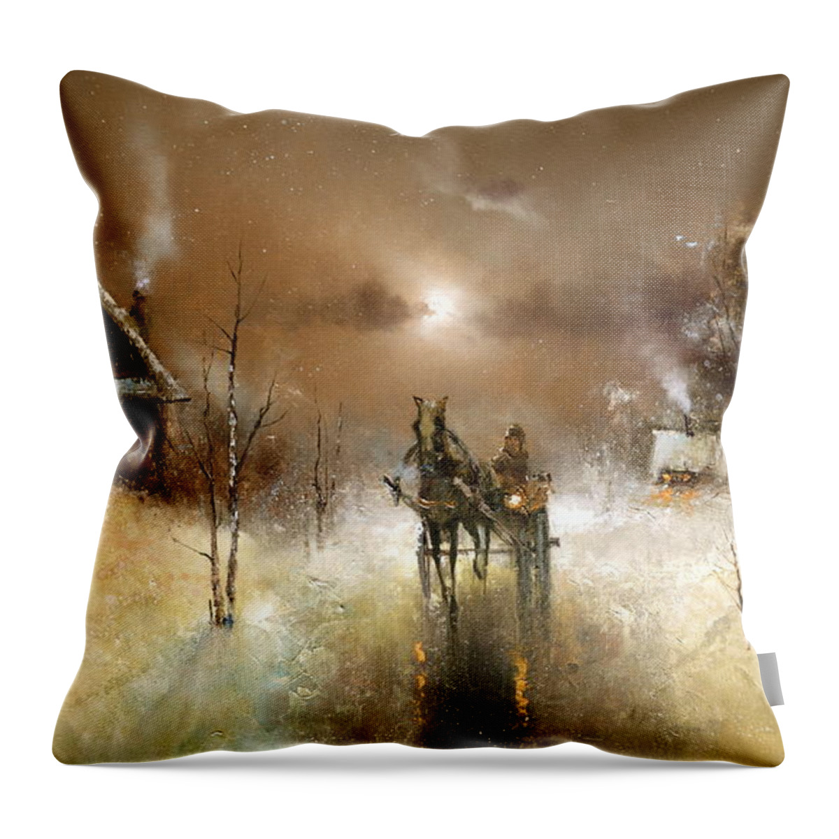 Russian Artists New Wave Throw Pillow featuring the painting Night Thaw in Winter Village by Igor Medvedev