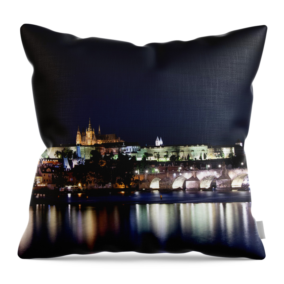 Lamps Throw Pillow featuring the photograph Night view of the old town of Prague with Prague Castle by Vaclav Sonnek
