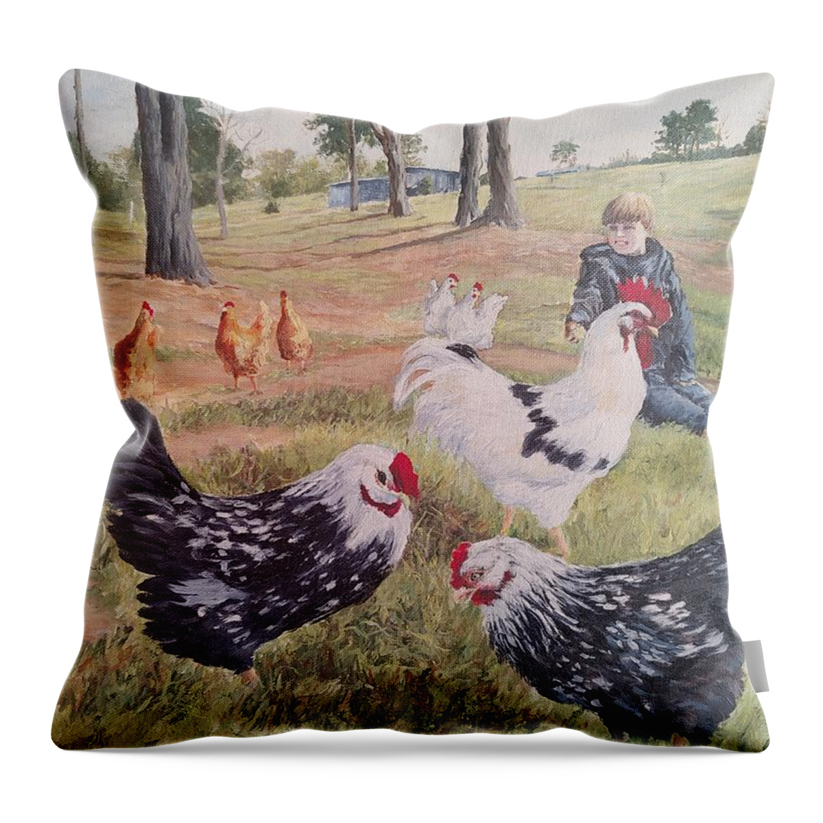 Landscape Throw Pillow featuring the painting Noah and his Chickens by ML McCormick