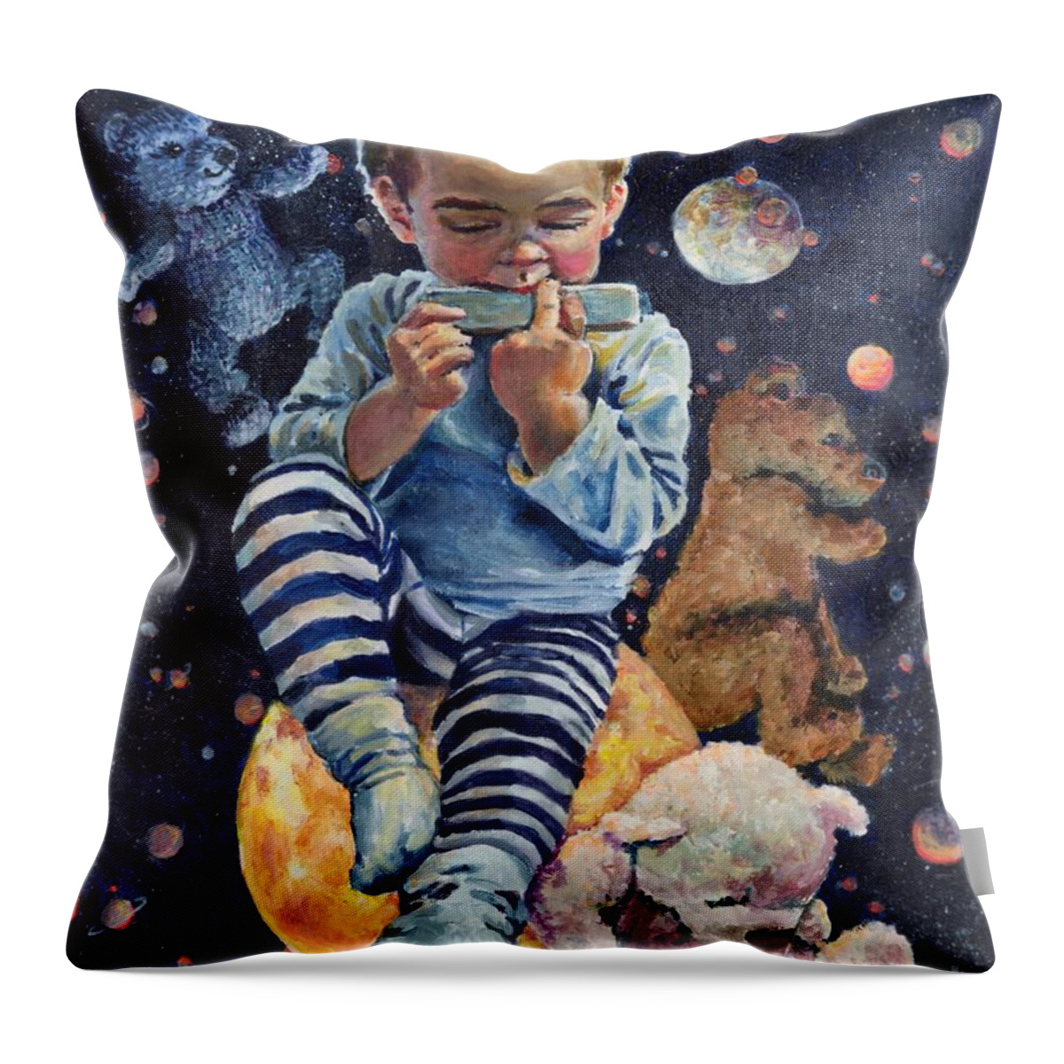 Boy Throw Pillow featuring the painting Nocturne on Harmonica for Bear Trio by Merana Cadorette
