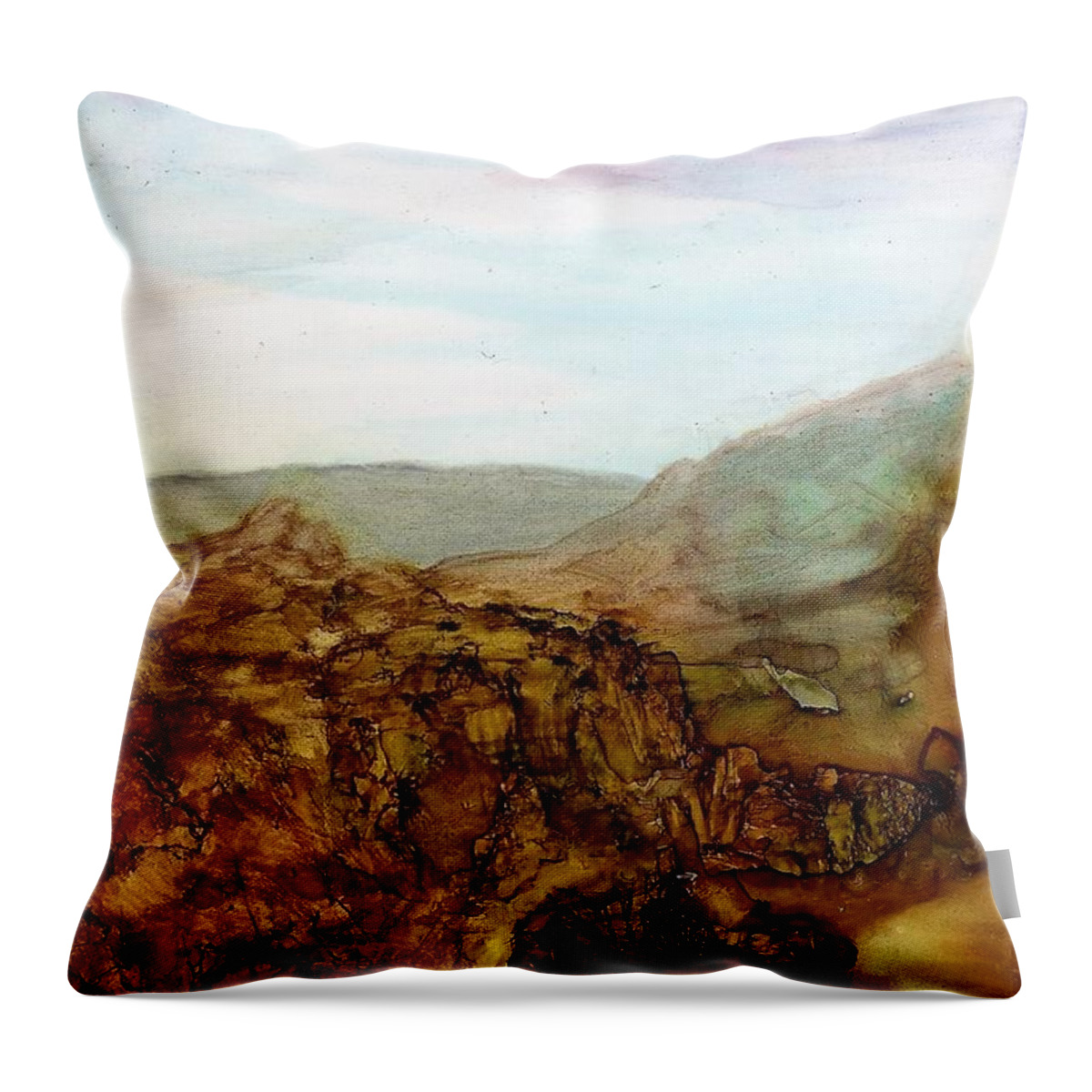 Alcohol Ink Throw Pillow featuring the painting North through the canyon by Angela Marinari
