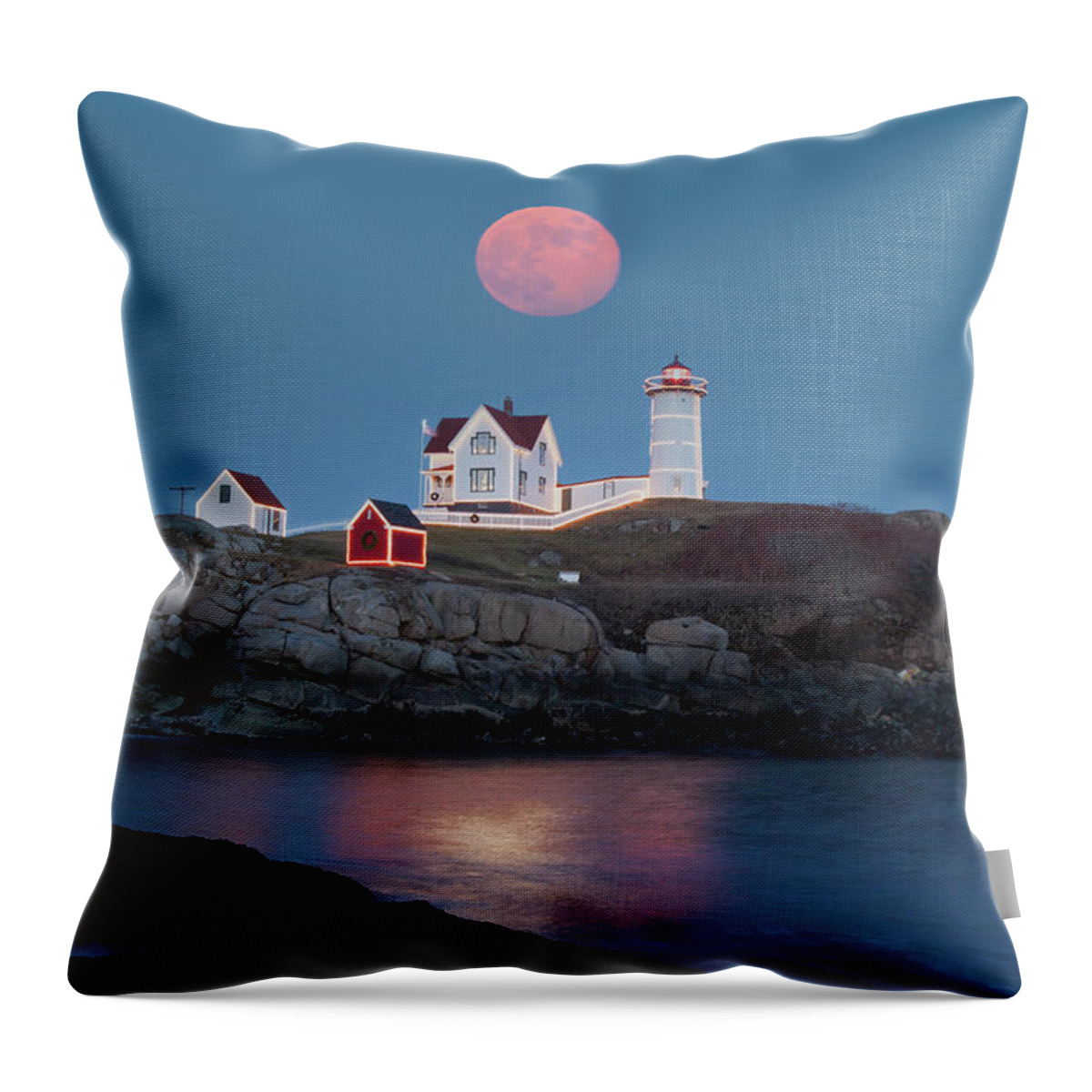 Cape Neddick Throw Pillow featuring the photograph Nubble Lighthouse lit for the season by Jeff Folger