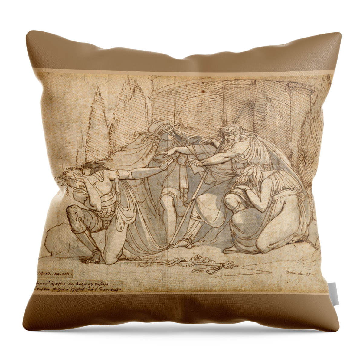 Henry Fuseli Throw Pillow featuring the drawing Oedipus at Colonus, Cursing his Son Polynices by Henry Fuseli