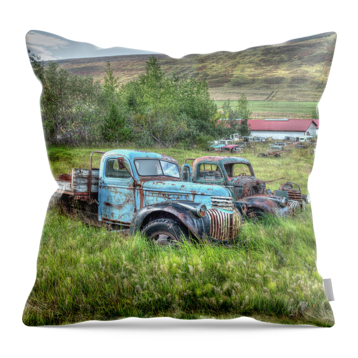 Ford Chevy Throw Pillow featuring the photograph Old Chevys at Ystafell Museum Iceland by Kristia Adams