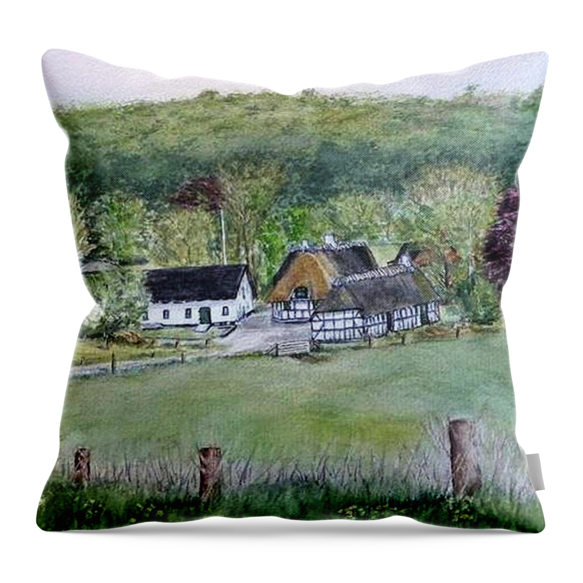Landscape In Denmark Throw Pillow featuring the painting Old Danish Farm House by Kelly Mills