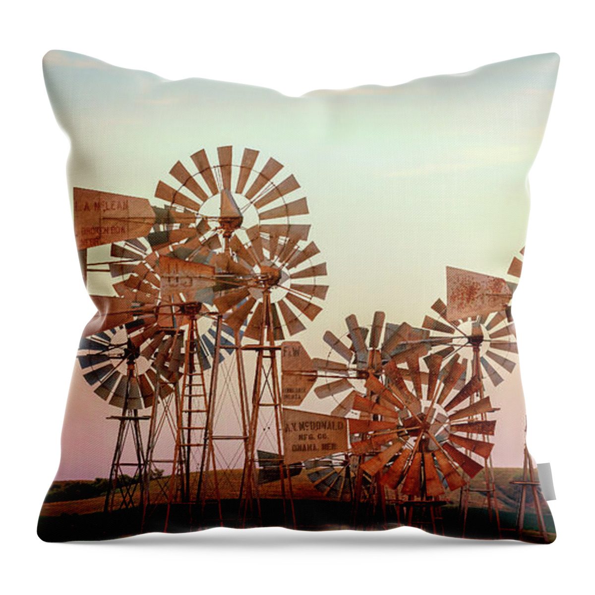 Windmills Throw Pillow featuring the photograph Old Fashioned Wind Farm - Nebraska Sandhills by Susan Rissi Tregoning