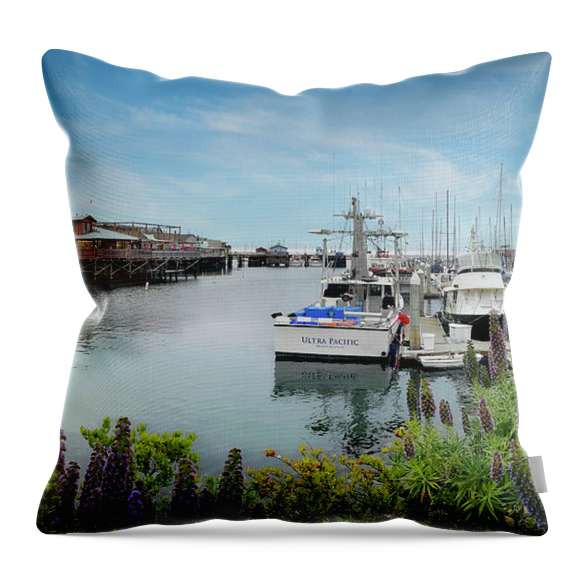 Boats Throw Pillow featuring the photograph Old Fisherman's Wharf and Harbor in Monterey by David Levin