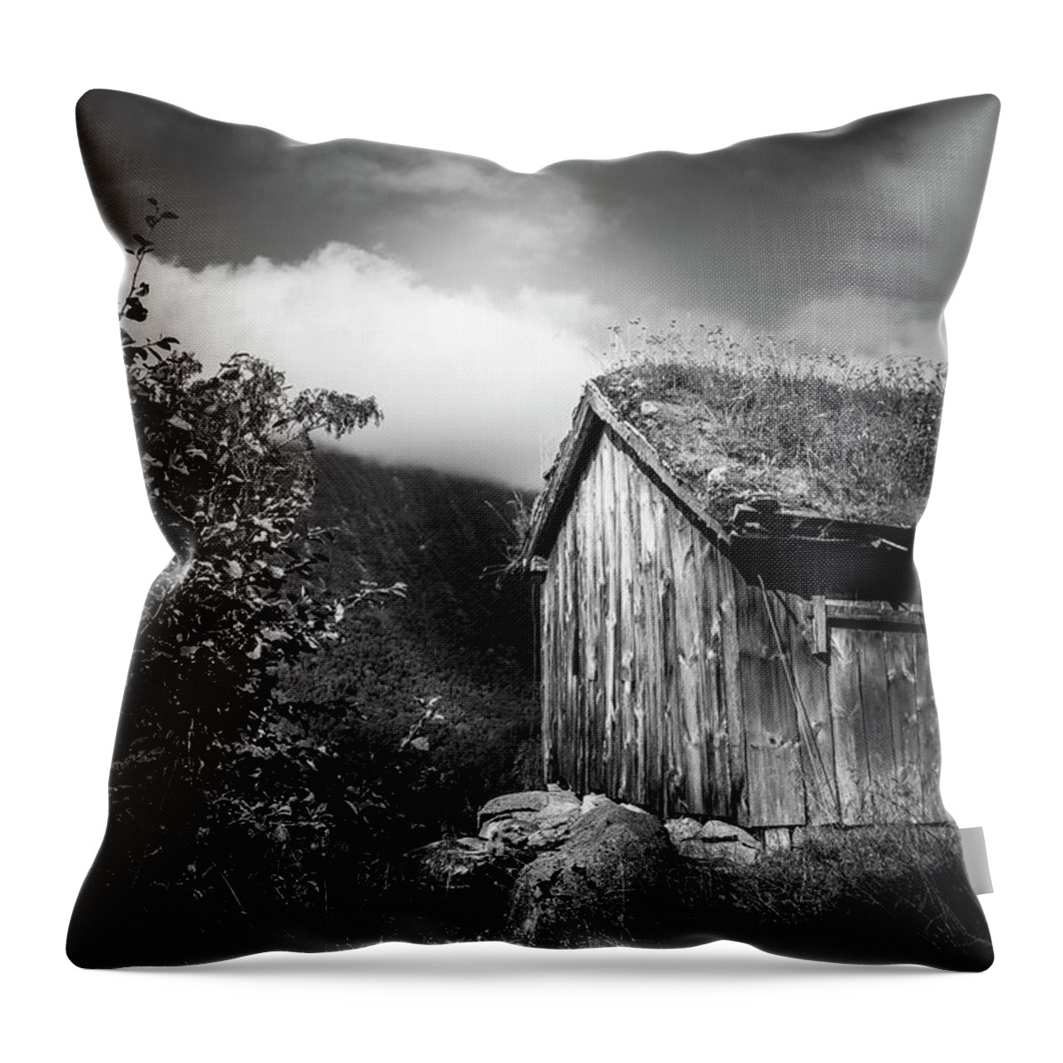 Black Throw Pillow featuring the photograph Old Mountain Cabin - Black and White by Nicklas Gustafsson