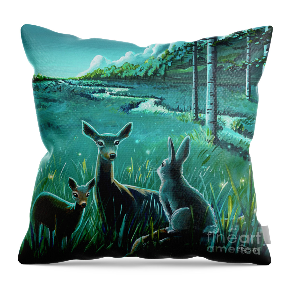 Night Throw Pillow featuring the painting One Night In The Meadow by Cindy Thornton