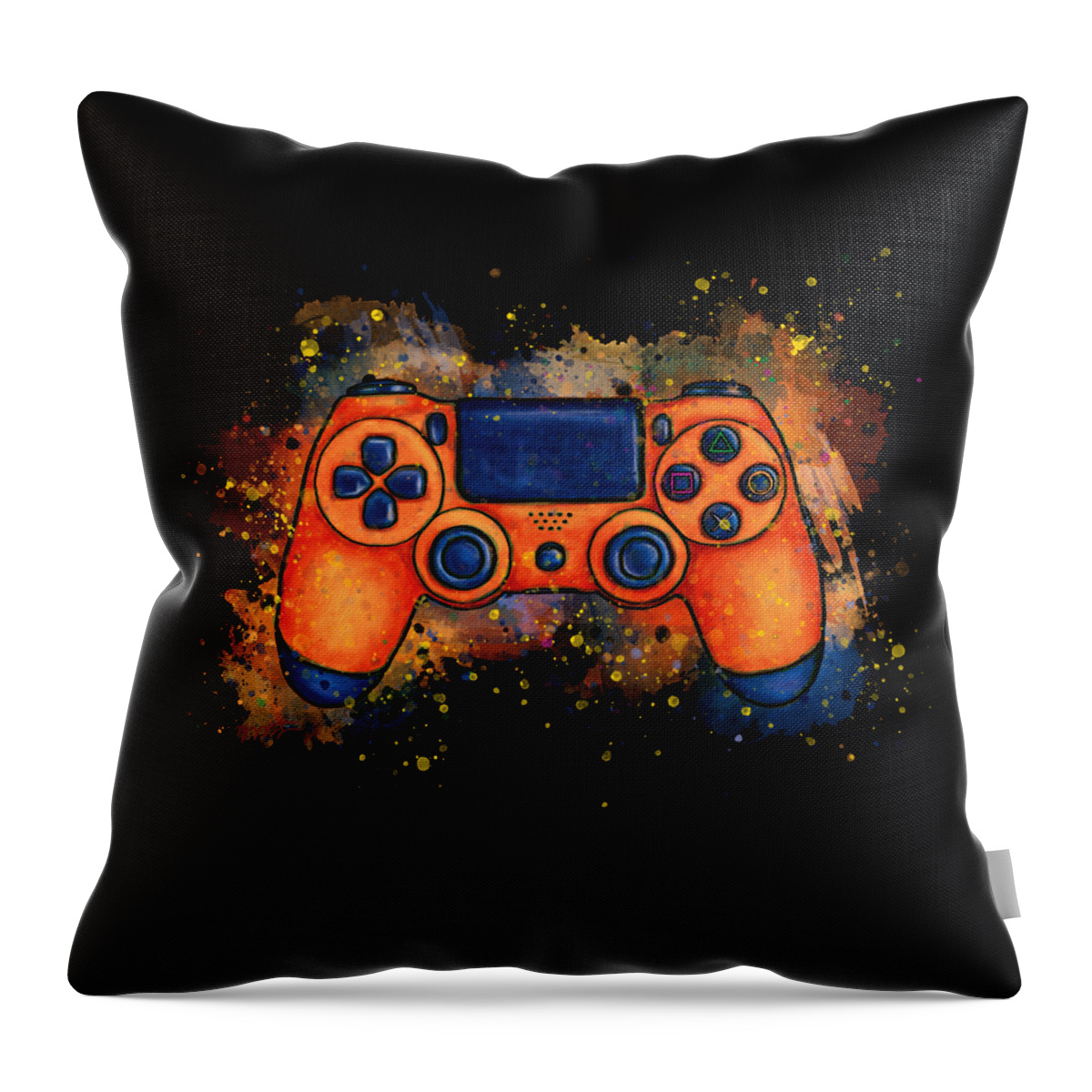 Gaming Throw Pillow featuring the painting Orange game controller splatter art, gaming by Nadia CHEVREL
