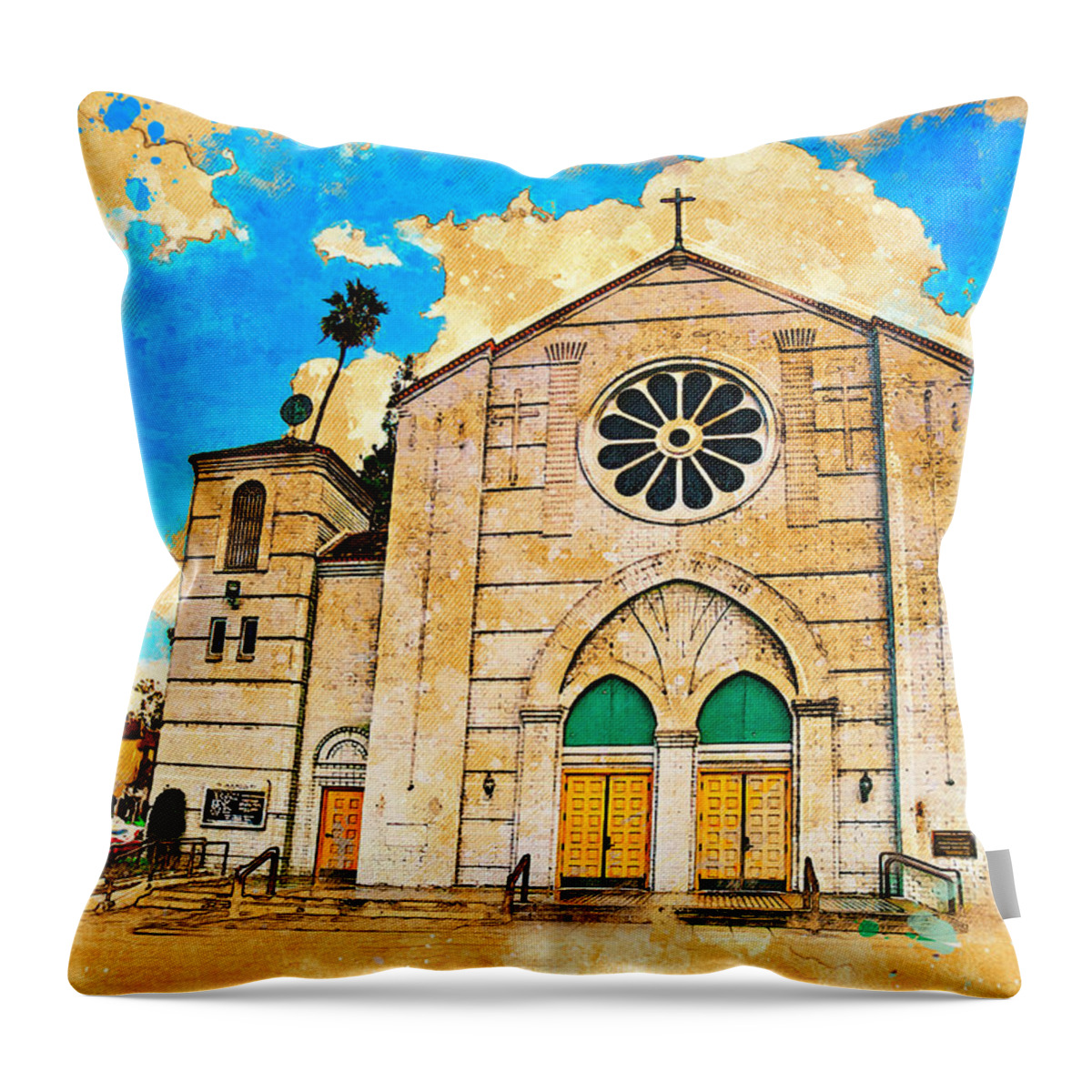 Our Lady Of Perpetual Help Throw Pillow featuring the digital art Our Lady of Perpetual Help catholic church in Downey, California by Nicko Prints