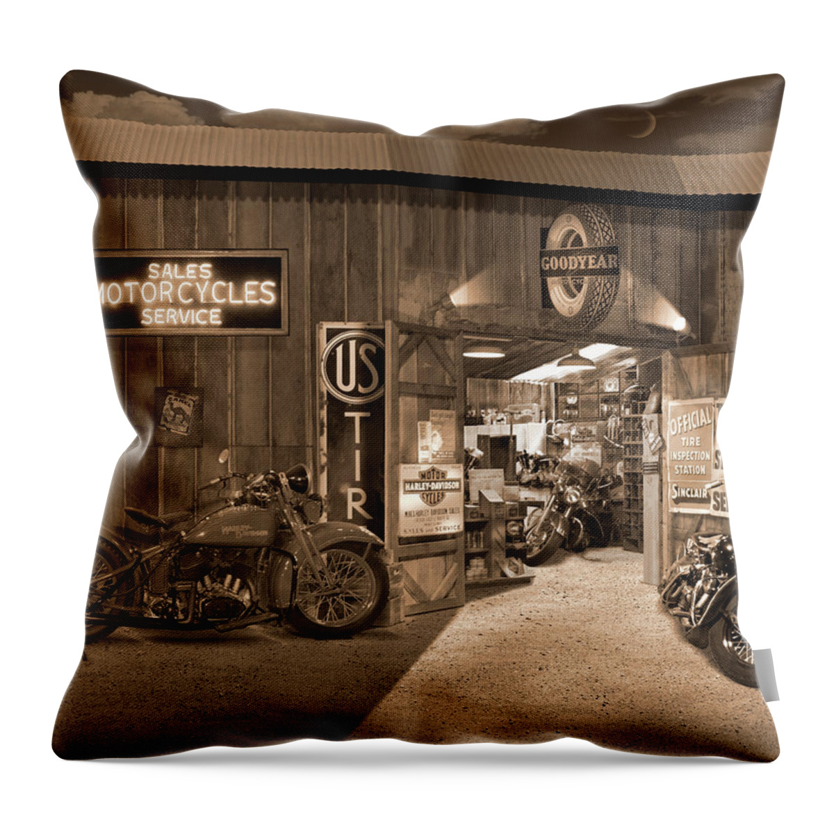 Motorcycle Throw Pillow featuring the photograph Outside The Old Motorcycle Shop - Spia by Mike McGlothlen