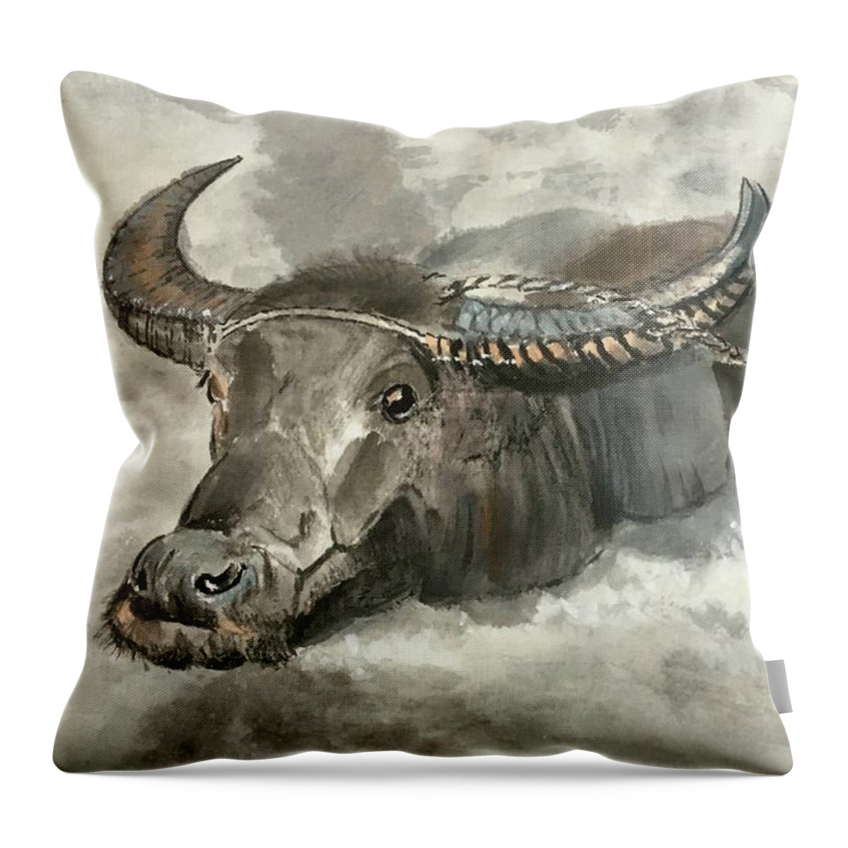 Ox Throw Pillow featuring the painting Willing Ox by Carmen Lam