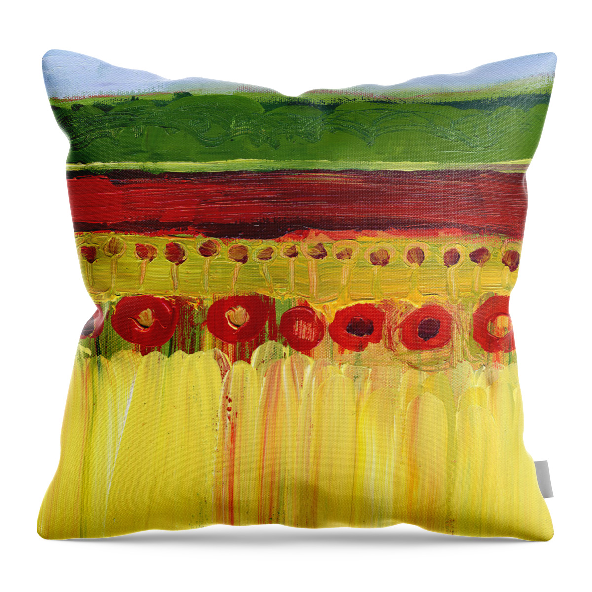 Abstract Throw Pillow featuring the painting Skagit Fields in Red No 3 by Jennifer Lommers