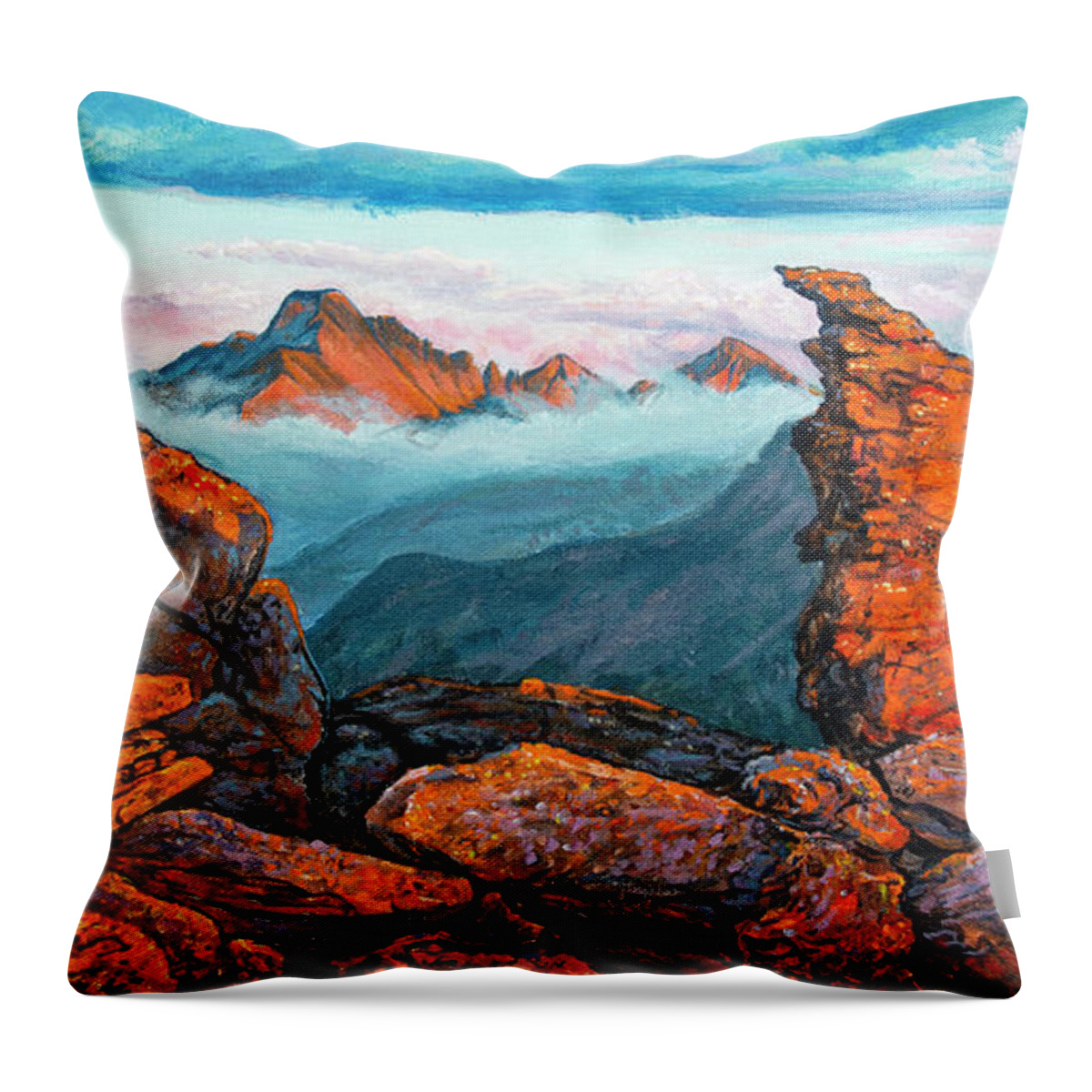 Rocky Mountain National Park Throw Pillow featuring the painting Painting - Longs Peak and Rock Cut Sunset by Aaron Spong